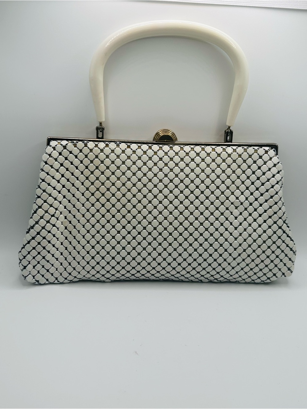 Vintage Whiting & Davis White Mesh Purse | Ivory Handle Gold Frame Evening Bag |